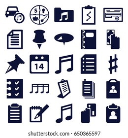 Note icons set. set of 25 note filled icons such as clipboard, document, paper, notebook, music note, car music, music folder, musical sharp, checklist, 14 date calendar