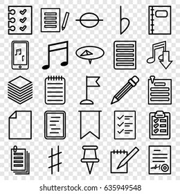 Note icons set. set of 25 note outline icons such as flag, paper, notebook, music note, mobile phone music, musical sharp, bemol, document, pin, checklist, pencil, paper pin