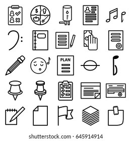 Note icons set. set of 25 note outline icons such as document, resume, pin, notebook, bass clef, pencil, paper, clipboard, geyser, flag, plan, emoji listening music
