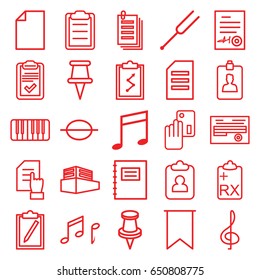 Note icons set. set of 25 note outline icons such as pointing on document, document, paper, pin, clipboard, music note, piano, tonometer, documents box, signed document, flag