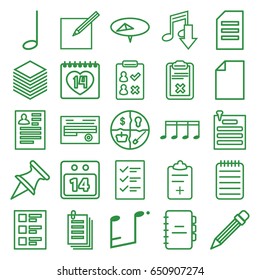 Note icons set. set of 25 note outline icons such as resume, document, paper, 14 date, notebook, clipboard, medical clipboard, music note, checklist, paper and pen, pencil