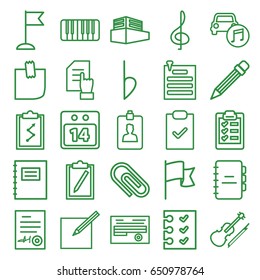 Note icons set. set of 25 note outline icons such as pointing on document, flag, document, piano, violin, car music, bemol, documents box, clipboard, glued note, checklist