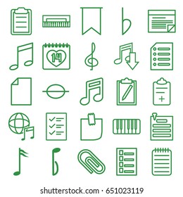 Note icons set. set of 25 note outline icons such as document, 14 date, notebook, medical clipboard, piano, international music, bemol, clipboard, paper pin, paper, flag, plan