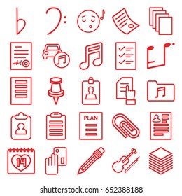 Note icons set. set of 25 note outline icons such as resume, pointing on document, paper, 14 date, pin, pen, bass clef, violin, car music, music folder, bemol, clipboard