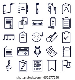 Note icons set. set of 25 note outline icons such as document, pin, medical clipboard, treble clef, music note, violin, clipboard, notebook, checklist, geyser, flag