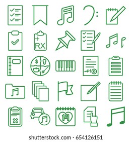 Note icons set. set of 25 note outline icons such as pointing on document, paper, check list, 14 date, notebook, clipboard, bass clef, piano, car music, music folder