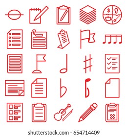 Note icons set. set of 25 note outline icons such as clipboard, flag, notebook, music note, violin, musical sharp, bemol, document, checklist, pencil, paper, paper pin, plan