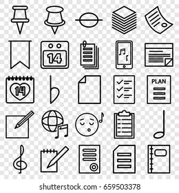 Note icons set. set of 25 note outline icons such as document, paper, 14 date, notebook, music note, mobile phone music, bemol, pin, paper and pen, 14 date calendar, flag