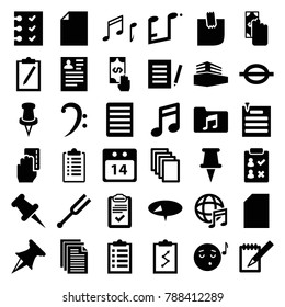 Note icons. set of 36 editable filled note icons such as resume, paper, cash payment, document, pin, note, emoji listening music, check list, checklist, clipboard with chart