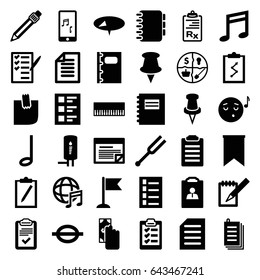Note icons set. set of 36 note filled icons such as document, emoji listening music, flag, check list, paper, pin, pen, notebook, clipboard, music note, tonometer, checklist