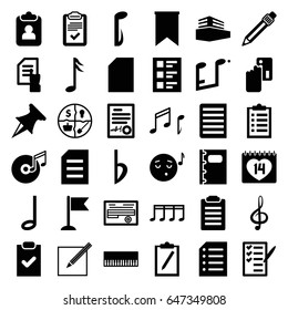 Note icons set. set of 36 note filled icons such as pointing on document, emoji listening music, flag, check list, document, 14 date, pen, clipboard, treble clef, music note