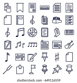 Note icons set. set of 36 note outline icons such as document, clipboard, flag, paper, pin, notebook, treble clef, piano, tonometer, violin, musical sharp, documents box