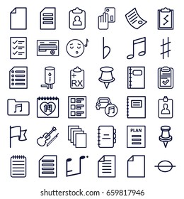 Note icons set. set of 36 note outline icons such as paper, document, 14 date, pin, notebook, clipboard, music note, violin, car music, music folder, bemol, checklist, geyser