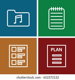 Note icons set. set of 4 note outline icons such as notebook, music folder, checklist