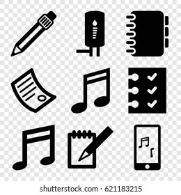 Note icons set. set of 9 note filled icons such as pen, notebook, music note, mobile phone music, checklist, geyser