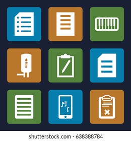 Note icons set. set of 9 note filled icons such as clipboard, piano, mobile phone music, document, paper