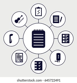 Note icons set. set of 9 note filled icons such as notebook, music note, violin, checklist, signed document, geyser, document