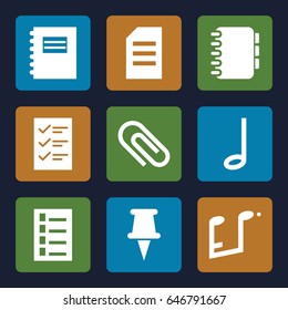 Note icons set. set of 9 note filled icons such as document, music note, pin, checklist, notebook, notepad, paper