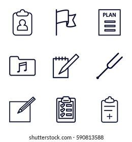 note icons set. Set of 9 note outline icons such as notebook, medical clipboard, tonometer, music folder, paper and pen, clipboard, flag