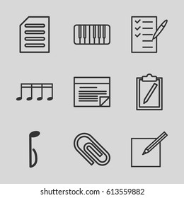 Note icons set. set of 9 note outline icons such as check list, music note, piano, document, paper and pen, plan, clip