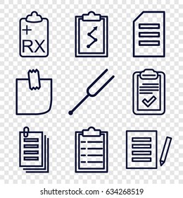 Note icons set. set of 9 note outline icons such as paper, clipboard, tonometer, glued note, document, checklist