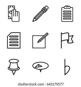 Note icons set. set of 9 note outline icons such as pen, bemol, document, paper and pen, flag, cash payment, pin