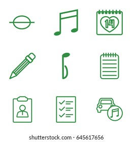 Note icons set. set of 9 note outline icons such as 14 date, notebook, music note, car music, pencil, checklist