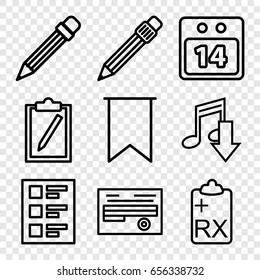 Note icons set. set of 9 note outline icons such as document, pen, clipboard, checklist, pencil, 14 date calendar, flag