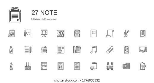 note icons set. Collection of note with additives, agenda, task, tasks, sketchbook, board, pen, clip, musical note, notes, playlist, message in a bottle. Editable and scalable icons.