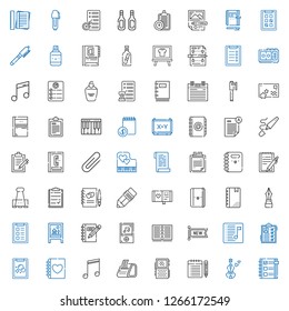 note icons set. Collection of note with checklist, violin, voice recorder, receipt, musical note, diary, tasks, list, playlist, new, notebook. Editable and scalable note icons.