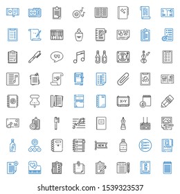 note icons set. Collection of note with notepad, phone book, clipboard, sticky note, list, piano, exam, agenda, correction fluid, new, checklist. Editable and scalable icons.