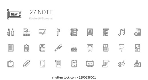 note icons set. Collection of note with paper, board, paper clip, agenda, clip, sticky note, voice recorder, planning, pen, task, clipboard. Editable and scalable icons.