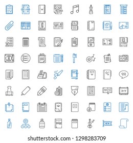 note icons set. Collection of note with paper, new, violin, notepad, sketchbook, correction fluid, task, message in a bottle, playlist, agenda. Editable and scalable note icons.