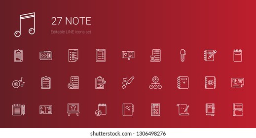 note icons set. Collection of note with parchment, checklist, agenda, board, postcard, notebook, task, highlighter, clipboard, planning, romantic music. Editable and scalable note icons.