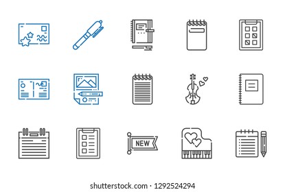 note icons set. Collection of note with piano, new, task, agenda, notebook, violin, notepad, planning, postcard, tasks, pen. Editable and scalable note icons.