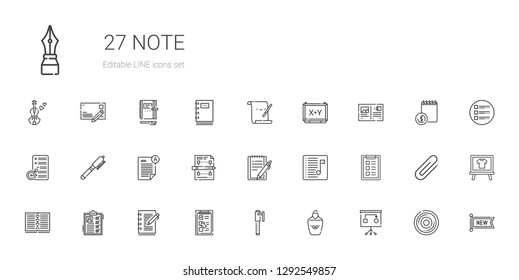 note icons set. Collection of note with planning, highlighter, pen, checklist, notebook, list, task, playlist, notepad, exam, postcard, board. Editable and scalable note icons.