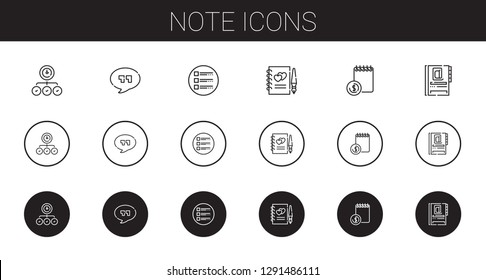 note icons set. Collection of note with task, quotes, list, guests book, agenda. Editable and scalable note icons.