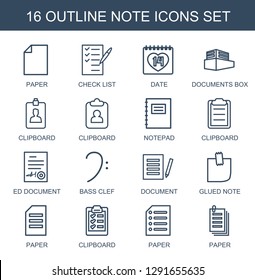 note icons. Trendy 16 note icons. Contain icons such as paper, check list, date, documents box, clipboard, notepad, ed document, bass clef, document. note icon for web and mobile.