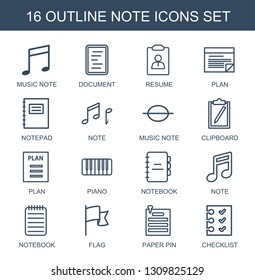 note icons. Trendy 16 note icons. Contain icons such as music note, document, resume, plan, notepad, clipboard, piano, notebook, flag, paper pin. icon for web and mobile.