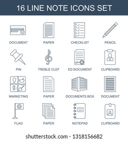 note icons. Trendy 16 note icons. Contain icons such as document, paper, checklist, pencil, pin, treble clef, ed document, clipboard, marketing. note icon for web and mobile.