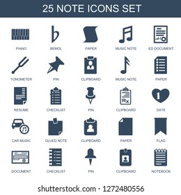 note icons. Trendy 25 note icons. Contain icons such as piano, bemol, paper, music note, ed document, tonometer, pin, clipboard, resume, checklist. note icon for web and mobile.