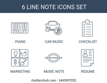 note icons. Trendy 6 note icons. Contain icons such as piano, car music, checklist, marketing, music note, resume. icon for web and mobile.