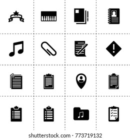 Note icons. vector collection filled note icons. includes symbols such as clipboard, document and pen, paper clip, user location, paper. use for web, mobile and ui design.