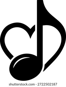 “nota musical entrelazada con forma de corazón, Vector minimalista plano, negro”
