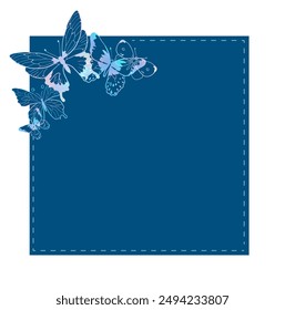 Note list canvas with Blue grid grunge texture, holographic silver decoration Butterflies on empty space. Isolated element on white background. Vector for print and use scrapbooking item