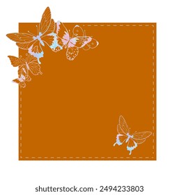 Note list canvas with Orange grid grunge texture, holographic silver decoration Butterflies on empty space. Isolated element on white background. Vector for print and use scrapbooking item