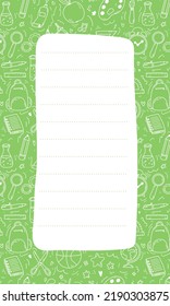 Note list template for planner, to do list, bullet journal content. White blank page on green background with school elements in doodle style