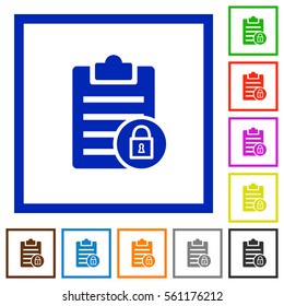 Note lock flat color icons in square frames on white background