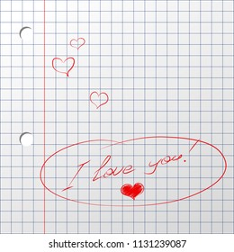 Note: I love you. Hand drawn red lettering inscription on squared notebook page. Notebook paper texture with text. Valentine's Day Card. 