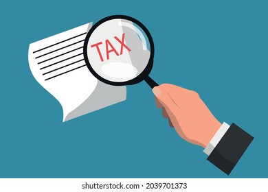 Note with magnifying glass focus on the word tax. Vector concept related to taxes